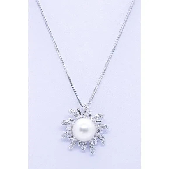 Italian Necklace Cha 18Kt Diamonds Round 12 MM Pearl - Picture 2 of 6